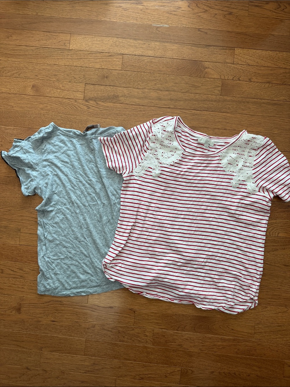 LOFT Red-White Striped Short Sleeve Top with Lace & Gray Tee Set